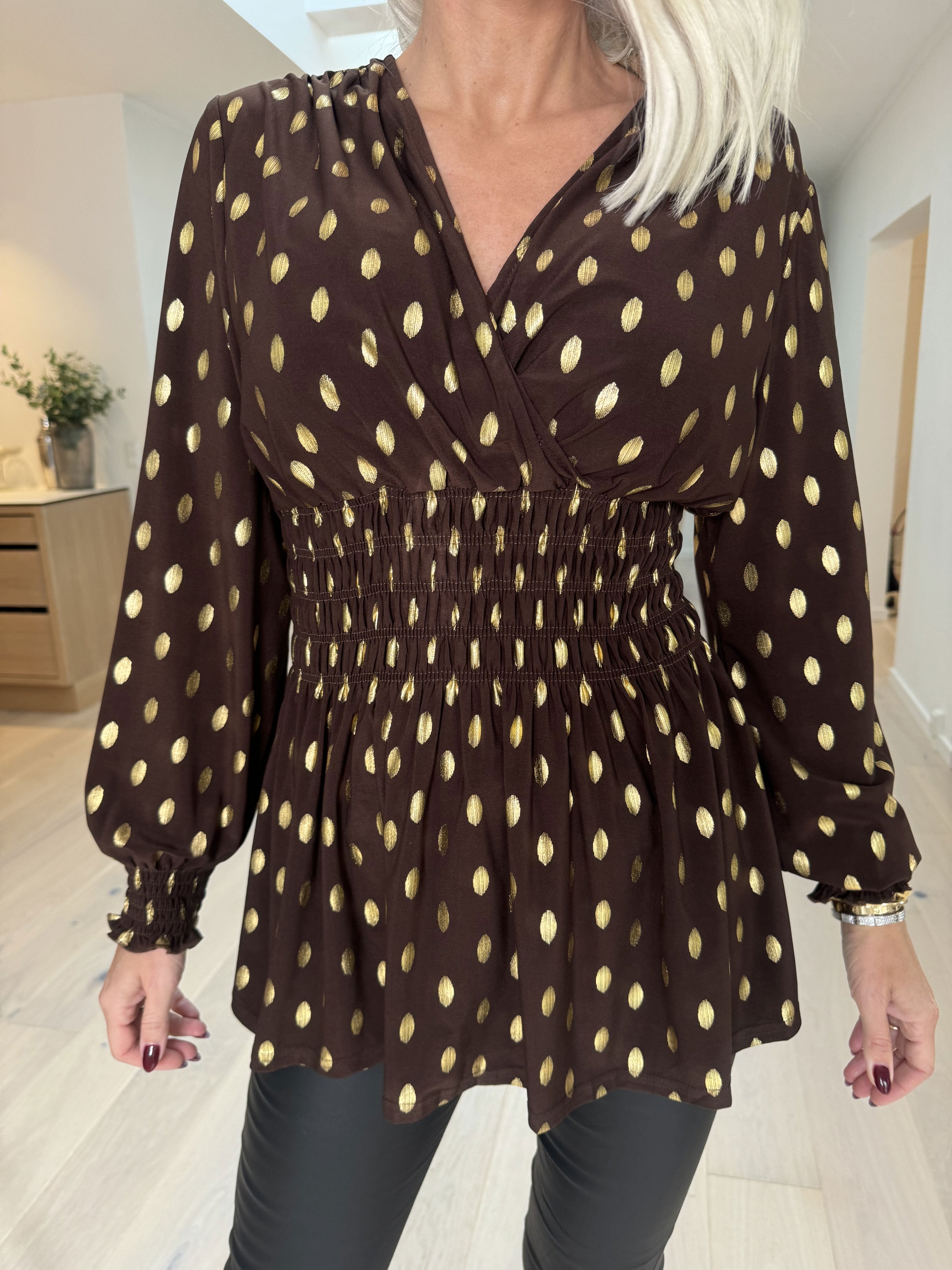Pams Gold Dot Shirt L/S - Elastisk bluse i krølfrit stof